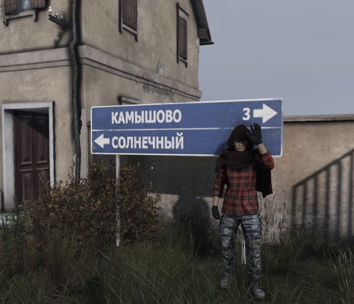 My son waving beside a road sign pointing to Kamyshovo and Solnechny in DayZ